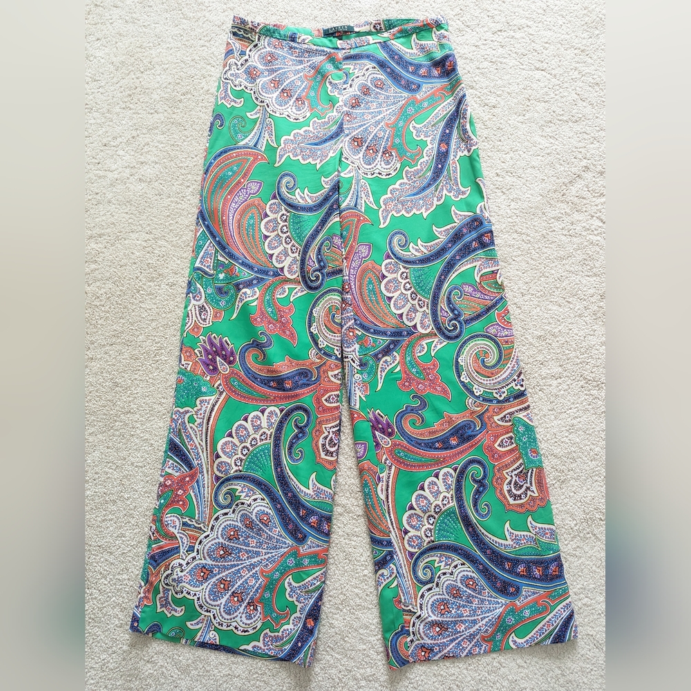 Lauren Ralph Lauren gree blue wide leg lounge pants with Paisley print size 10